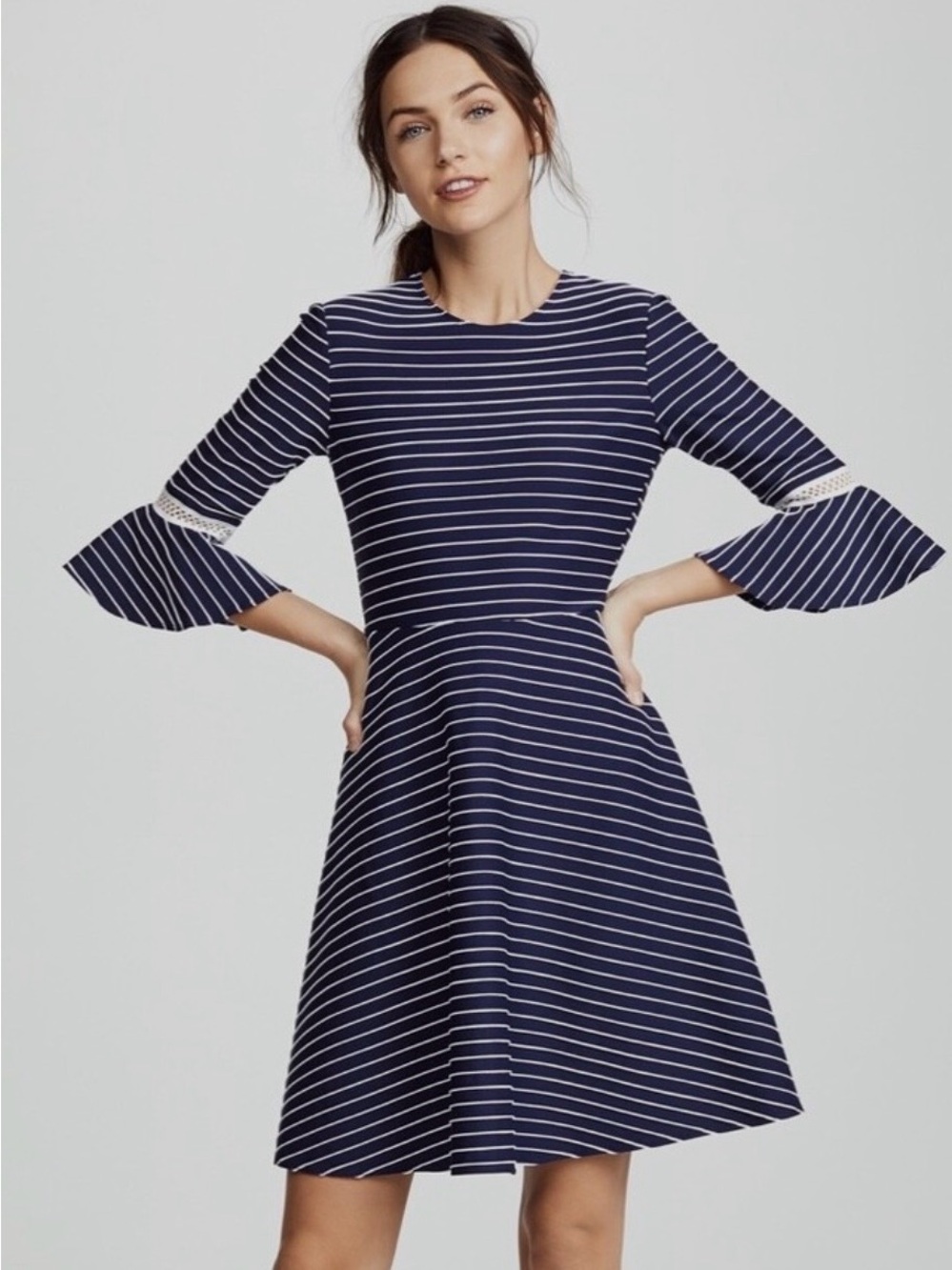 Shoshanna Navy and White Striped Bell-Sleeve Knit Dress